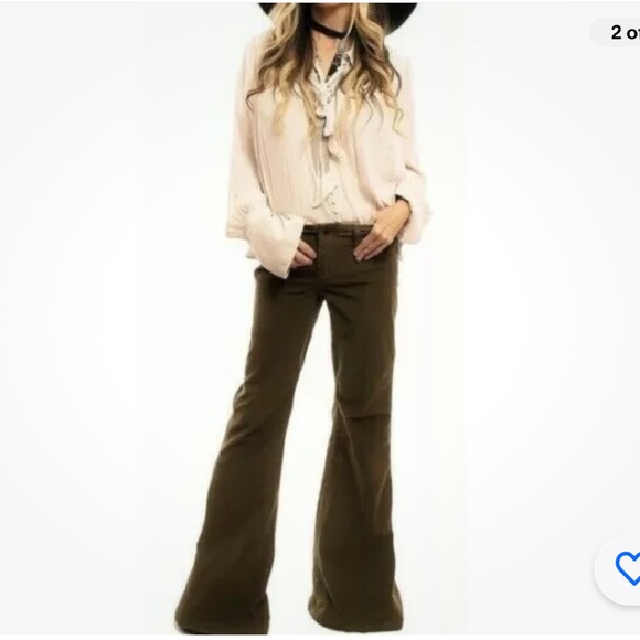 FREE PEOPLE Olive Military Green Corduroy Bell Bottom Flare Jeans